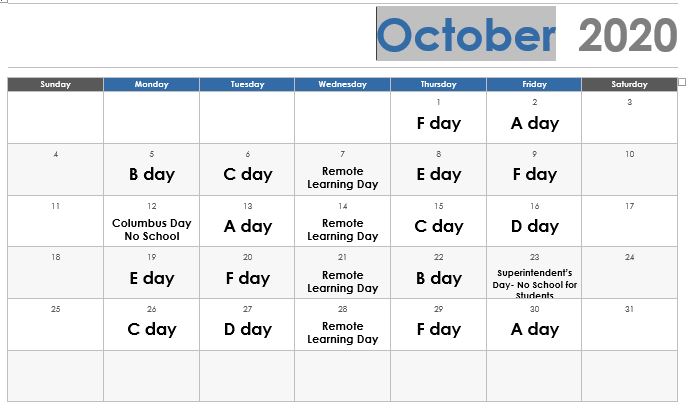 October Letter Day Calendar